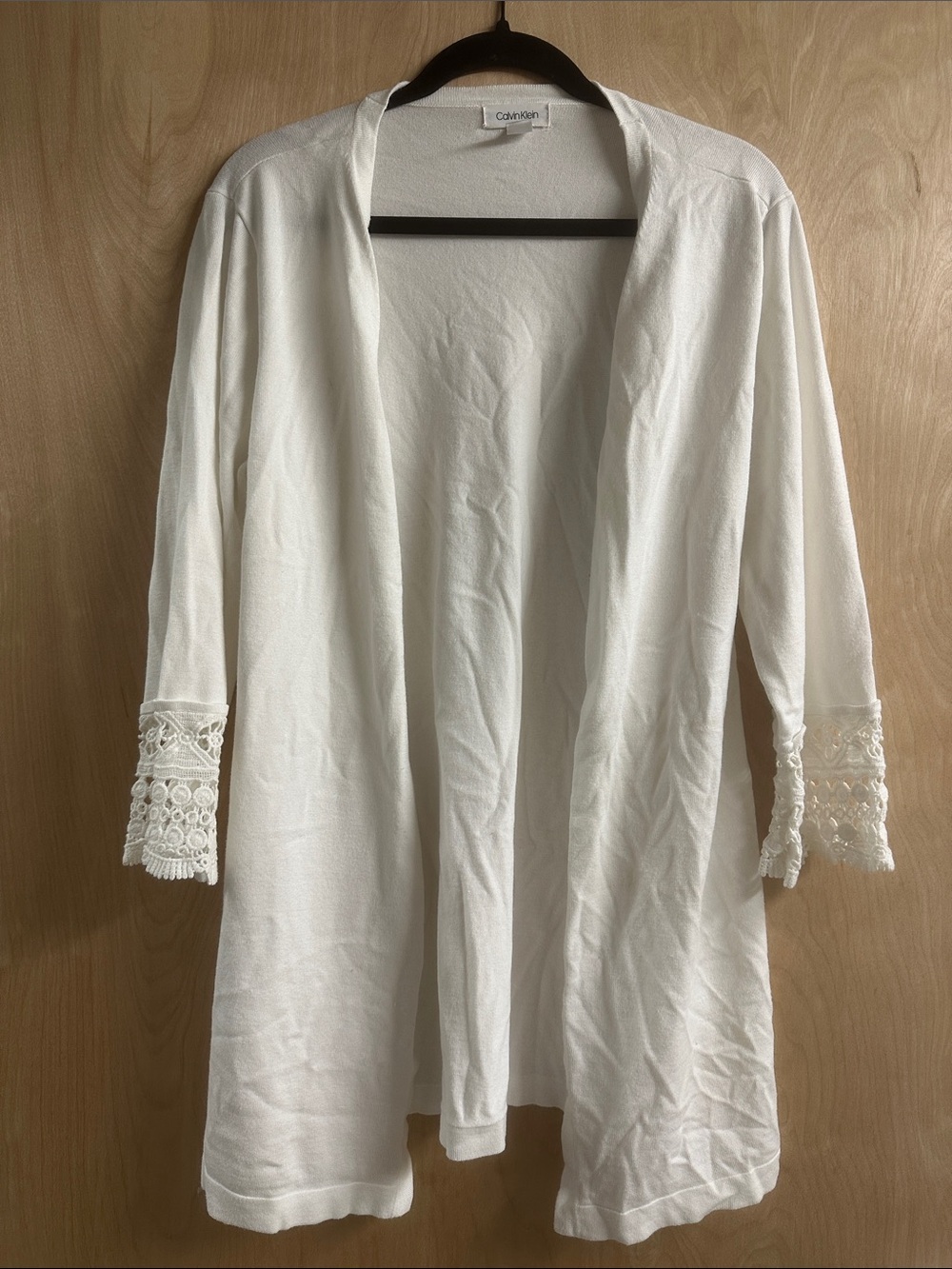 Calvin Klein White Open-Front Robe with Lace Cuffs